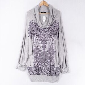 B.L.E.U. Top Blouse Womens XL Gray Black Geometric Print Studded Stretch Knit